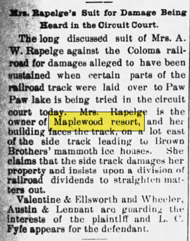 Maplewood Resort (Smallbones Resort) - Nov 1897 Article (newer photo)